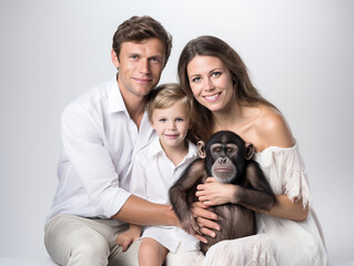 A Studio Portrait Photo of a Young Family Posing with a Chimpanzee