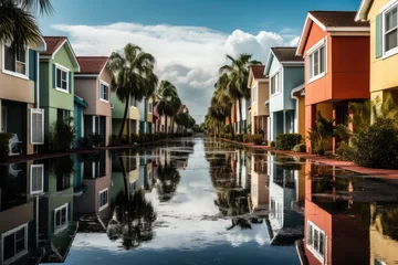  Flooded houses by hurricane rainfall in Florida residential area. Consequences of natural disaster © Kien