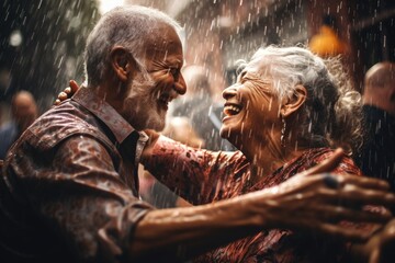 Laughter in the Rain: Two Elderly Couples of Different Origins Finding Youthful Joy as They Dance Under the Raindrops.
