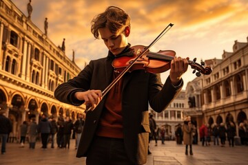 Melodies of History: A Young Virtuoso Drawing Notes from a Violin in a Timeless European Plaza.
