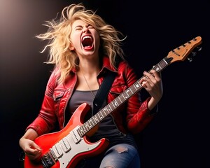 Obraz premium female rockstar playing the guitar, generative ai