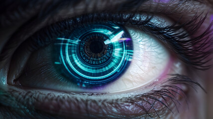 Woman eye with digital coding iris screen. Concept of iris recognition.