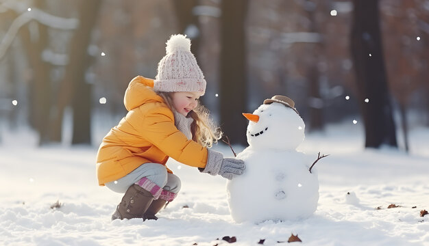 Cute little girl making snowman during winter season