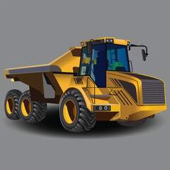 Heavy machine in yellow mining truck cartoon style on gray background. vector