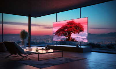 A modern living room with a big TV screen