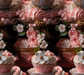 Cupcakes Pattern with pink cream and white flowers on a black background