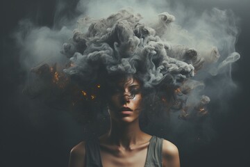 Mental Health Problems Headache Overthinking Rumination Angry Frustrated Emotions Nightmares Insomnia Meditating Brainstorming Women Athlete Head covered by Dark Clouds Burning Smokes Flames - obrazy, fototapety, plakaty