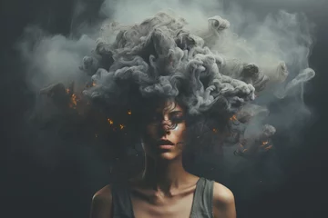 Fotobehang Mental Health Problems Headache Overthinking Rumination Angry Frustrated Emotions Nightmares Insomnia Meditating Brainstorming Women Athlete Head covered by Dark Clouds Burning Smokes Flames © Vibes 16:9