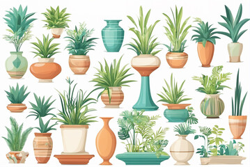 Various green plant potted materials in watercolor cartoon style