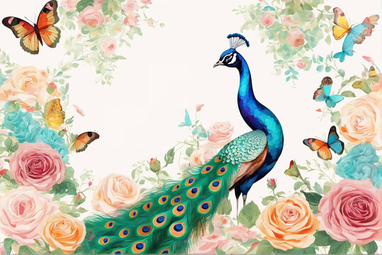 Exquisite chinoiserie traditional Chinese painting style peacock