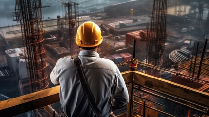 Fototapeta premium Top view of chief engineer technician watching crew laying foundation structure from high steel pedestal.