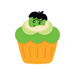 Cartoon Halloween Frankenstein Cupcake Snack Food Dessert Cartoon Doodle Vector Illustration