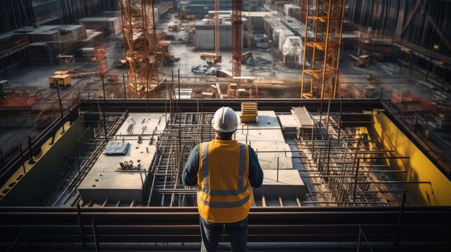Top view of chief engineer technician watching crew laying foundation structure from high steel pedestal.