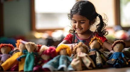 A Technology and learning: Early childhood girl and her recycled cloth toys, dolls made from old towel scraps, handmade toys, technology classroom.