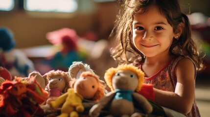 Fototapeta premium A Technology and learning: Early childhood girl and her recycled cloth toys, dolls made from old towel scraps, handmade toys, technology classroom.