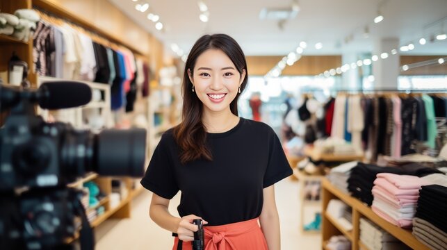 Portrait of A female Asian clothing store owner is pictured holding sample shirts and recording a vlog to promote her small business on social media.