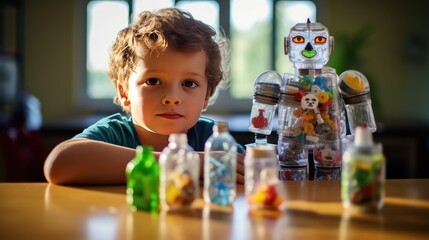 Fototapeta premium Technology and learning: Preschool boy and his recycled plastic bottle toys, plastic bottle robots, handmade toys, technology classroom, creative thinkers.