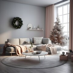 Cozy Christmas in Modern Minimal Style, Living Room with Christmas Tree, Holiday, Decoration