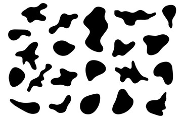 Blob shape organic set. Random black cube drops shapes. Pebble, inkblot, drops and stone silhouettes. Collection of abstract form paint liquid black blotch spot irregular form. White background