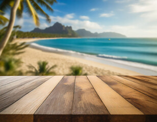 Wooden table top on blur tropical beach background - can be used for display or montage your products. High quality photo
