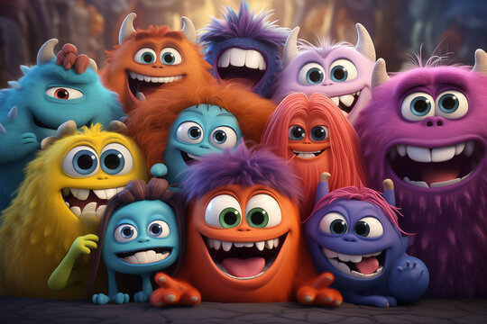Cute little monsters having a video call around a tablet &mdash; Generative AI