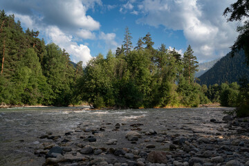 View of the confluence of the Kyzgych and Psysh rivers forming the Bolshoy Zelenchuk River in the...