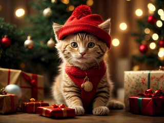 Cute kitten wearing a Christmas hat in a Christmas background surrounded by Christmas gifts and decorations.