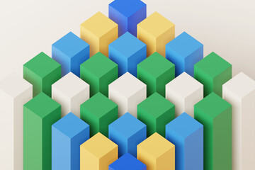 Obraz premium 3D illustration volumetric colorful cubes. Parallelogram pattern. Technology geometry neon background