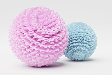 3d wavy fluorescent  pink and blue spheres. Abstract shapes . iridescent glossy waves.  3d illustration.