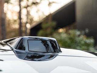 Close up of the LiDAR sensors and Camera on roof of self-driving car. Self-driving car system...