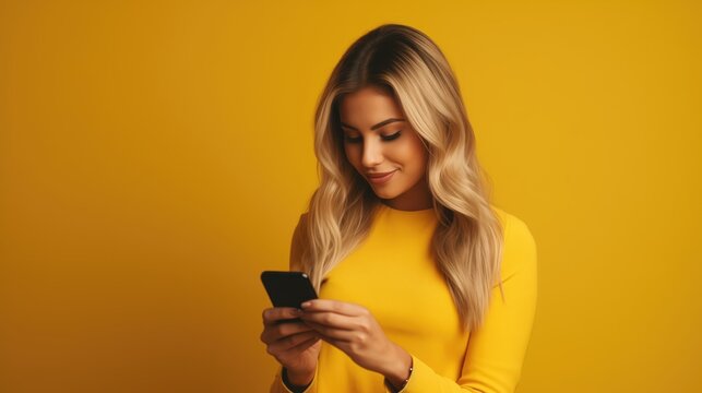 Mulher interagindo com seu smartphone em fundo de estúdio amarelo, imagem para anúncios sobre comunicação, redes sociais, 5g, internet e abordagens sobre dependência por tecnologia na vida moderna.