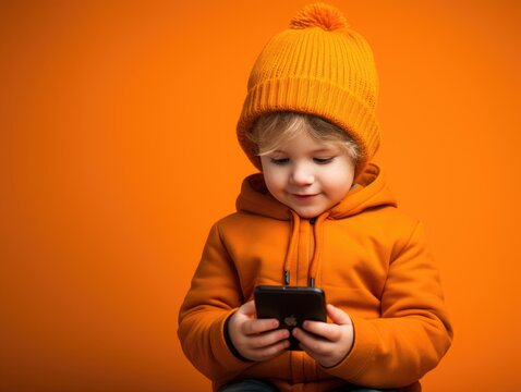 Criança interagindo com seu smartphone em fundo de estúdio laranja, imagem para anúncios sobre comunicação, redes sociais, 5g, internet e abordagens sobre dependência por tecnologia na vida moderna.