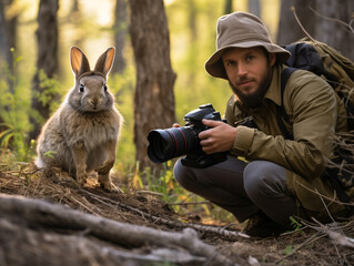 A Photo of a Rabbit and a Wildlife Photographer in Nature