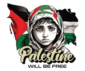 Palestine Will Be Free, vector design illustration of a sad Palestinian child, can be used for sublime printing on t-shirts etc - obrazy, fototapety, plakaty