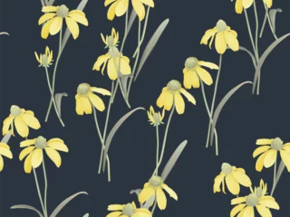 Gordijnen Floral seamless pattern, yellow Cutleaf coneflower and leaves on dark blue © momosama