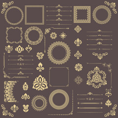 Vintage set of horizontal, square and round elements. Golden elements for backgrounds, frames and monograms. Classic golden patterns. Set of vintage patterns