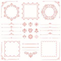 Vintage pink set of horizontal, square and round elements. Elements for backgrounds, frames and monograms. Classic patterns. Set of vintage patterns