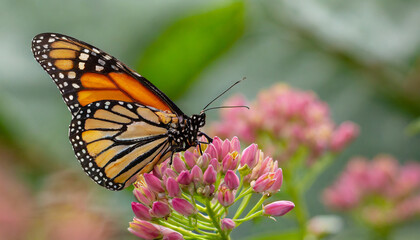 Fototapeta premium Macro abstract view of a monarch butterfly feeding on the flower blossoms of an attractive rosy pink swamp milkweed plant (asclepias incarnata), with defocused background