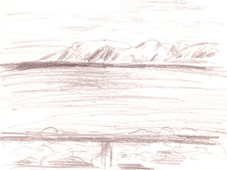 Arctic Circle landscape, graphic monochrome drawing on a white background