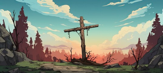 Wooden cross. Christianity salvation religion concept. Drawing illustration design. Generative AI technology.	

