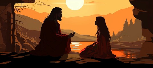 Silhouette of Jesus Christ preaching to a woman. Drawing illustration design. Generative AI technology.	
