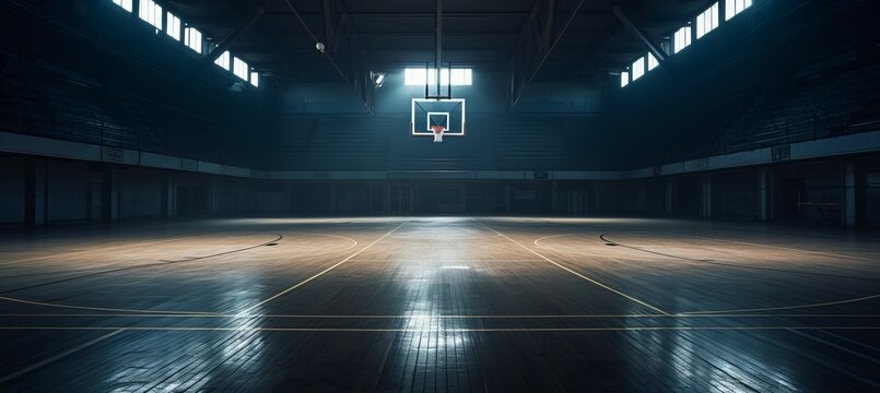 Basketball court with illuminated lights. Generative AI technology.