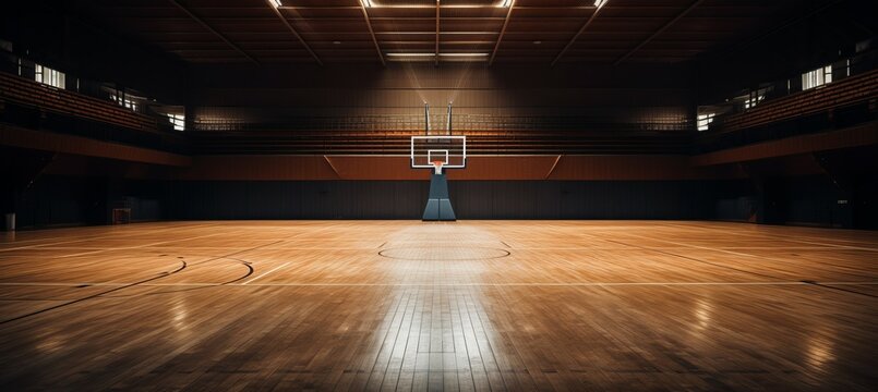 Basketball court arena with wooden floor. Generative AI technology.	
