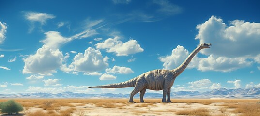 Brontosaurus on savanna. Generative AI technology.
