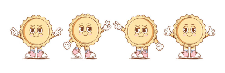 Set of Cute Character Sun in groovy style. Isolated retro stickers on a transparent background for various purposes. Vintage vector art