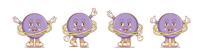 Set of Cute Character Planet in groovy style. Isolated retro stickers on a transparent background for various purposes. Vintage vector art