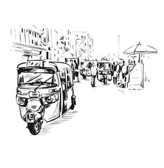 Drawing of Electric Auto Rickshaw on road at market in Delhi India
