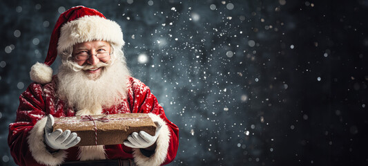 Santa Claus Holding Christmas Gift in Snowy Night