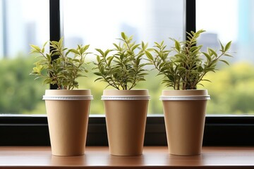 Paper cups with blank mockup surface are positioned by a window, each containing green plants, creating a refreshing display that blends nature and design. Photorealistic illustration
