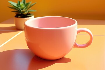 A pink cup with blank mockup surface, designed for easy customization, is displayed on a bright yellow surface, offering a visually engaging canvas. Photorealistic illustration